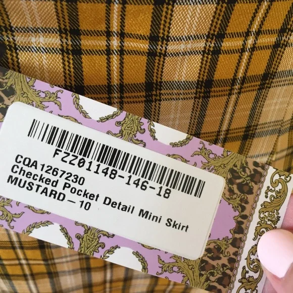 BOOHOO womens 10 checked mustard yellow twee plaid mini pockets retro vibe NEW - Picture 5 of 12